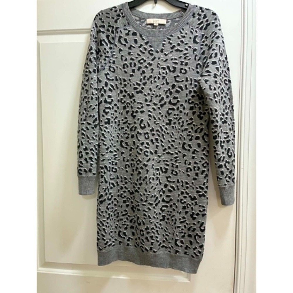 Loft Leopard Print Sweater Dress Womens Small Gray Black Knit Cozy Chic Pullover